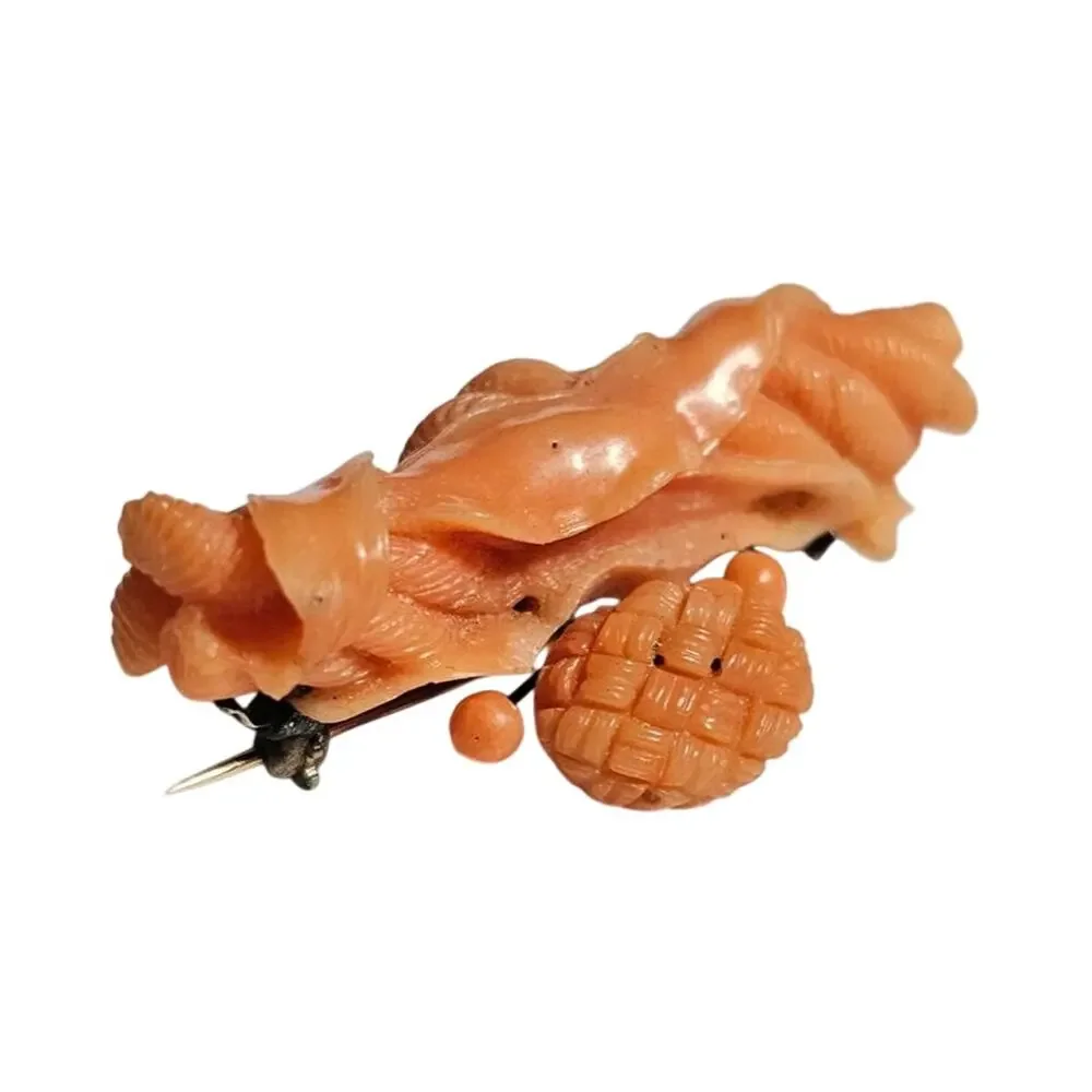 Antique Victorian Carved Coral Pendant Brooch 12k Gold Rope Ribbon Basket Tiara - Picture 8 of 9